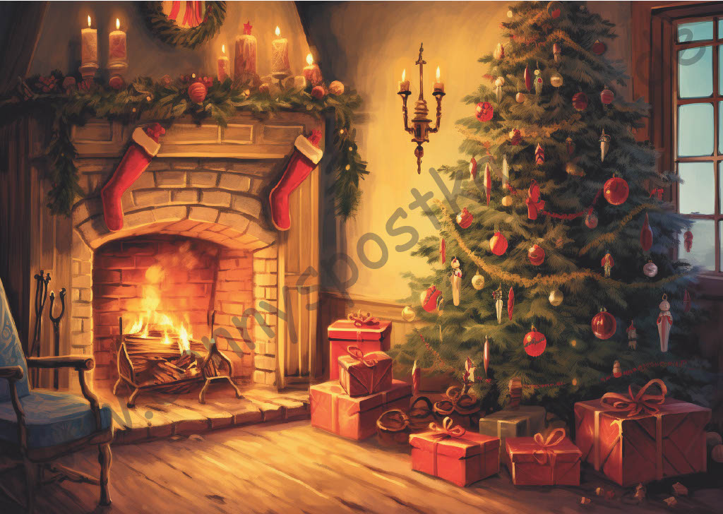 Weihnachten - Vintage - Weihnachtsbaum mit Kamin