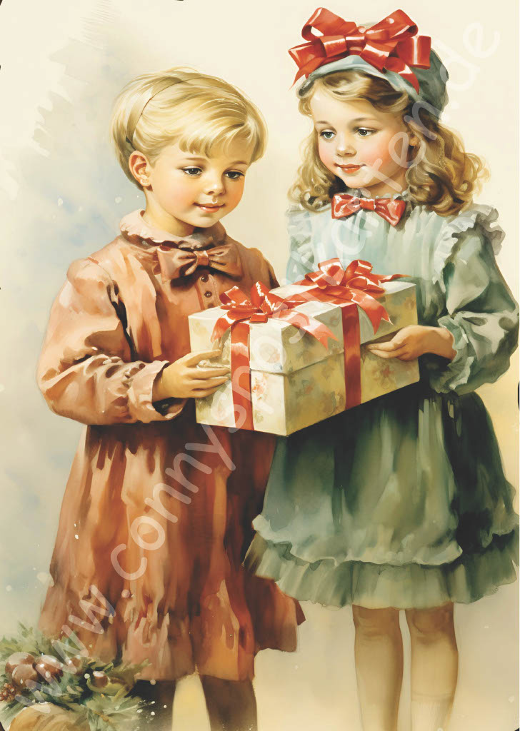 Weihnachten - grün - 2 Kinder mit Geschenk