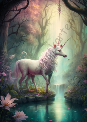 Fantasy - Häuser/Einhörner - Einhorn am Fluss