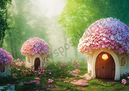 Fantasy - Feenhäuser - 3 Häuser mit rosa Blumendach