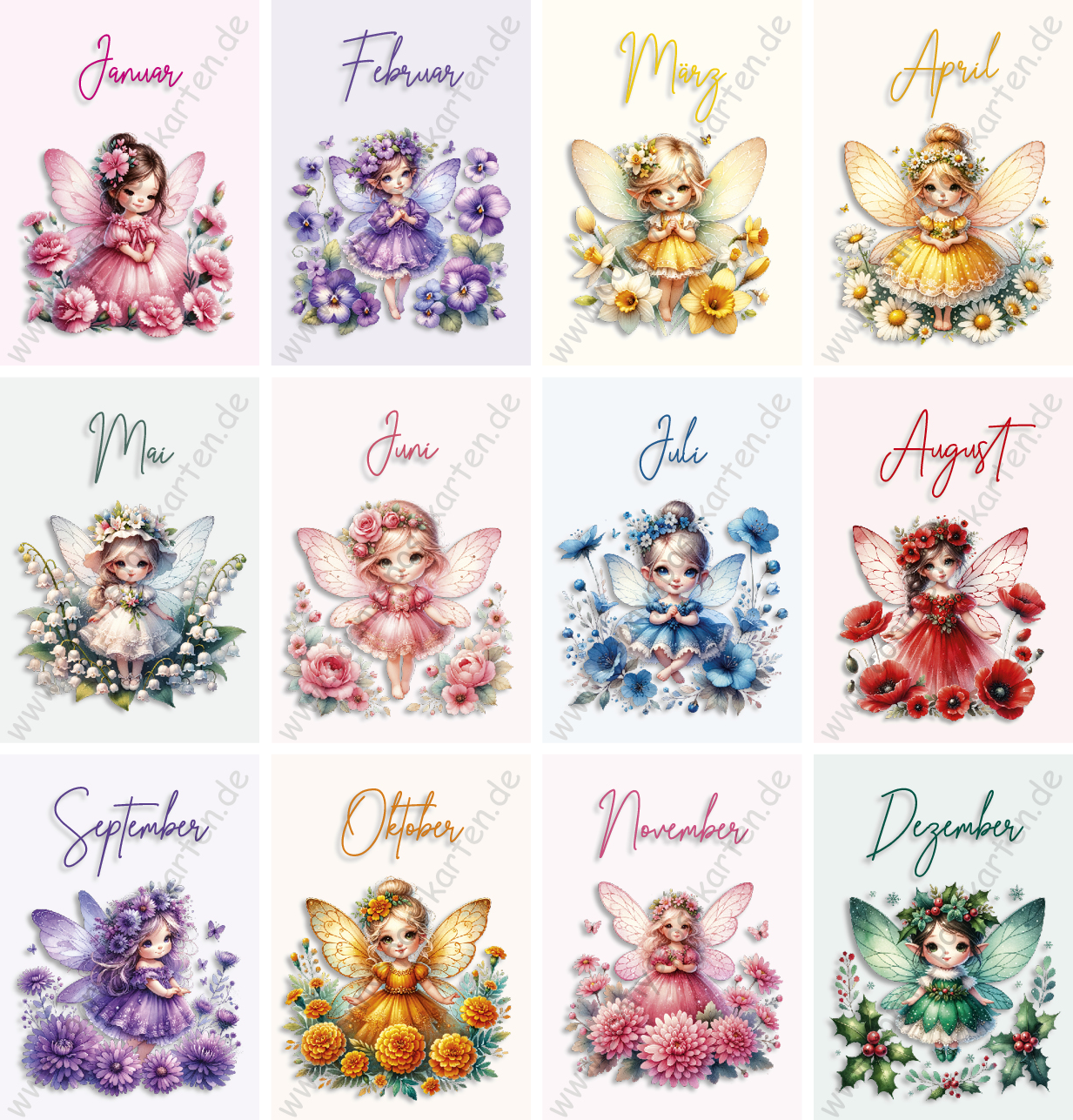 Monate - Feen - Set mit 12 Karten