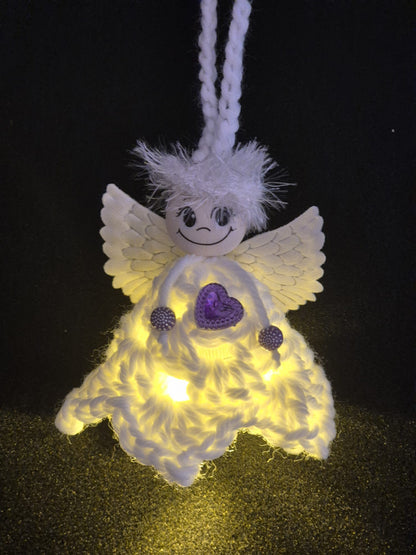 Gehäkelter kleiner Engel mit Licht zum Aufhängen (Weiß)