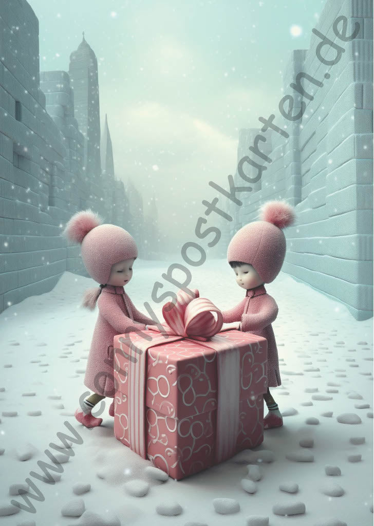 Weihnachten -  2 Kinder mit Geschenk