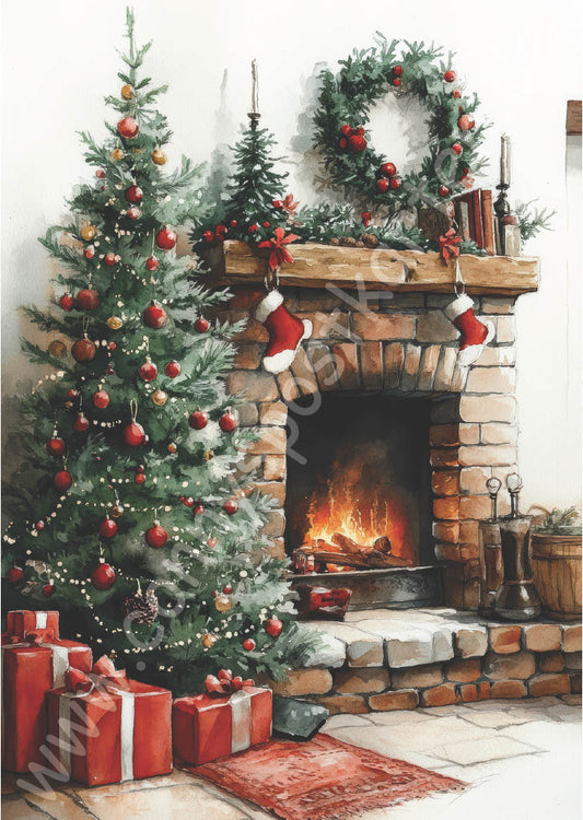 Weihnachten - Kamin mit Weihnachtsbaum und Kranz