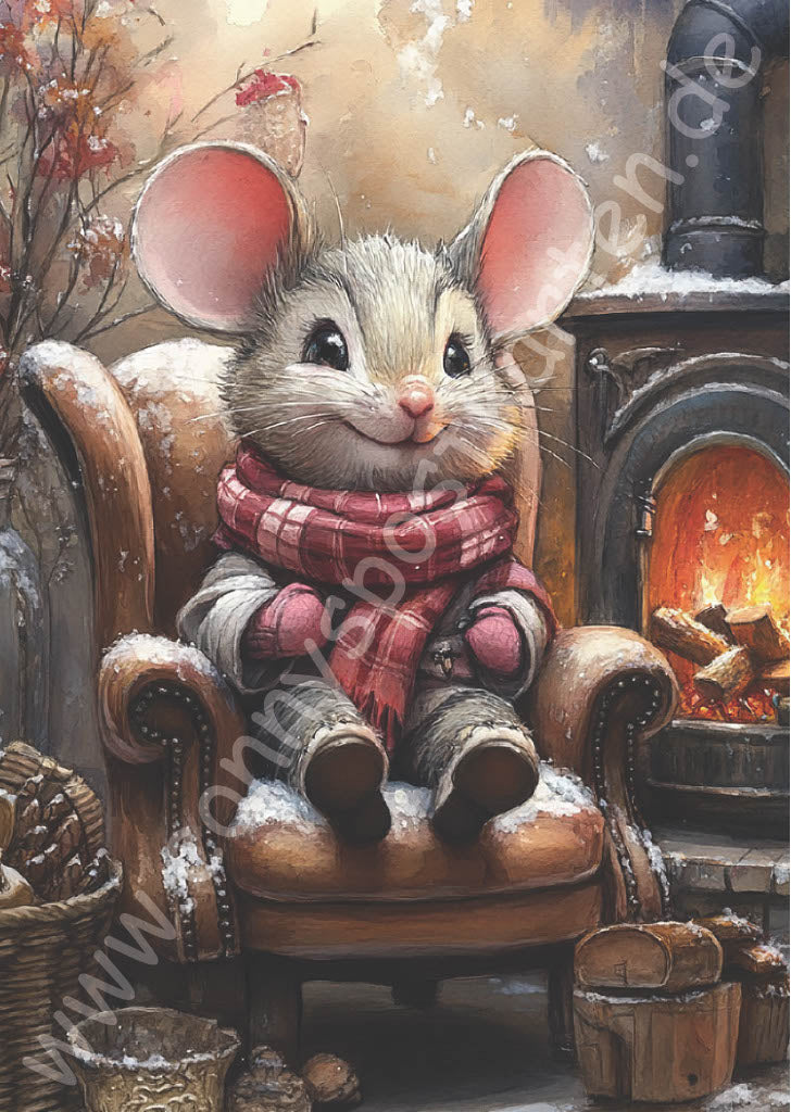 Weihnachten - Maus auf Sessel vor Kamin