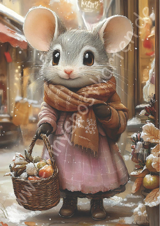 Weihnachten - Maus mit Körbchen und Schal
