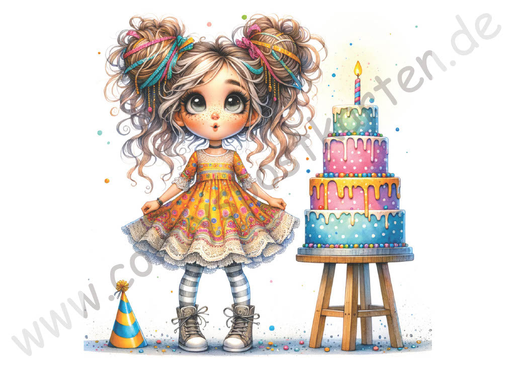 Geburtstag - Mädchen - Torte und Partyhut