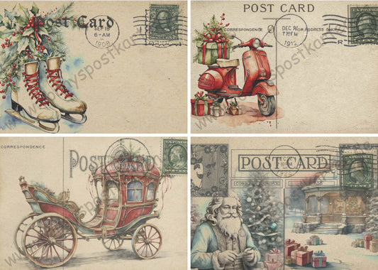 Weihnachten - Vintage - Poststempel - Set mit 4 Karten