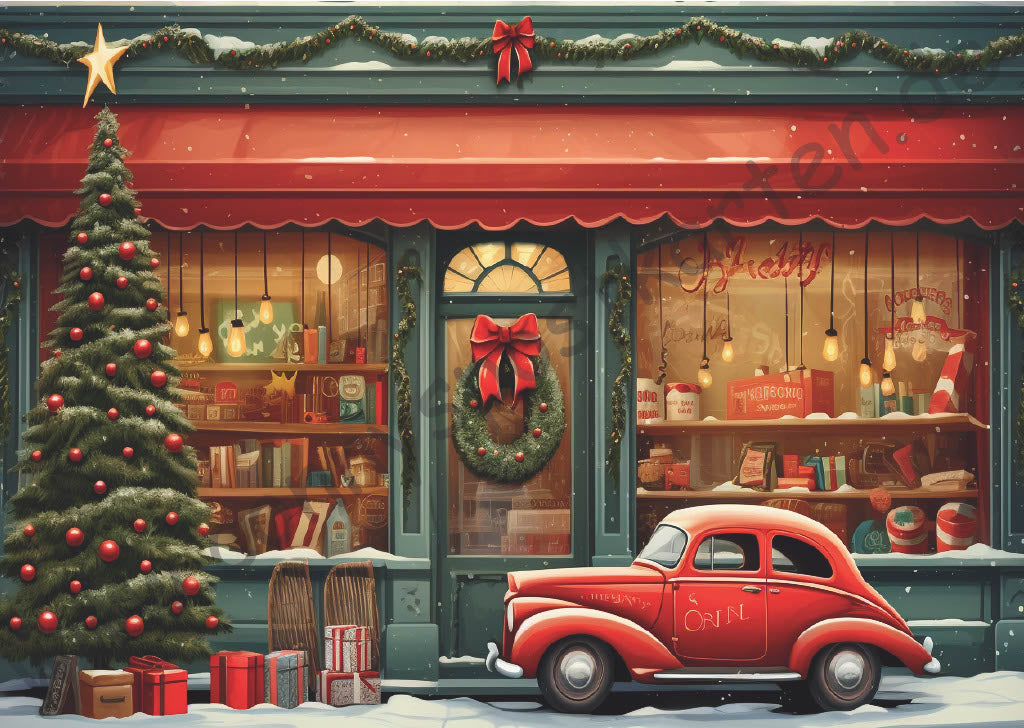 Weihnachten - Vintage - Auto vor Geschäft
