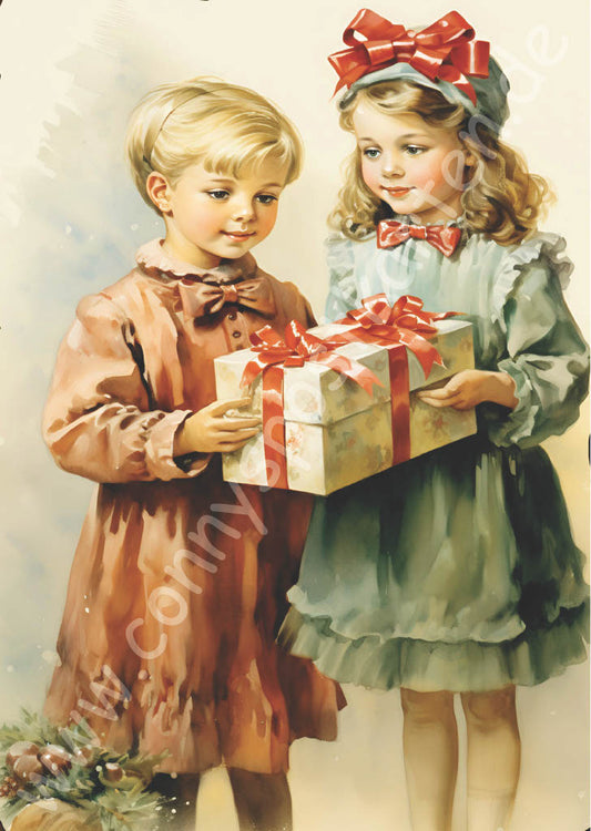 Weihnachten - grün - 2 Kinder mit Geschenk