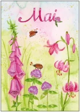 Inga Berkensträter - Mai (Fingerhut und Kleeblumen mit Maikäfer)