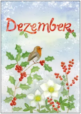 Inga Berkensträter - Dezember (Rotkehlchen mit Ilex und Christrose)