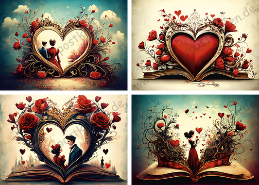 Verschiedenes - Bücher/Herzen - Set mit 4 Karten