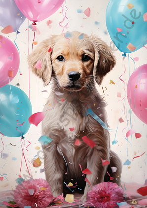 Geburtstag - Pastell - Hund mit Ballons