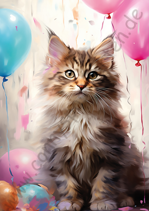 Geburtstag - Pastell - Katze mit Ballons