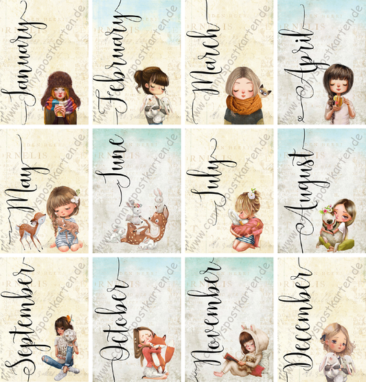 Monate - Mädchen - Set mit 12 Karten