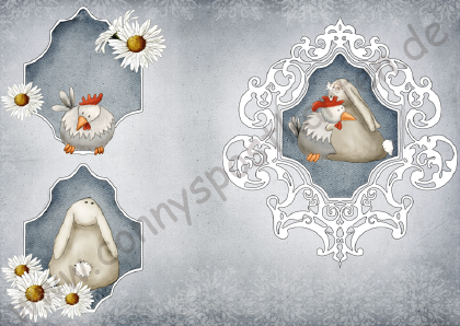 Ostern - grau - Huhn und Hase mit Rahmen