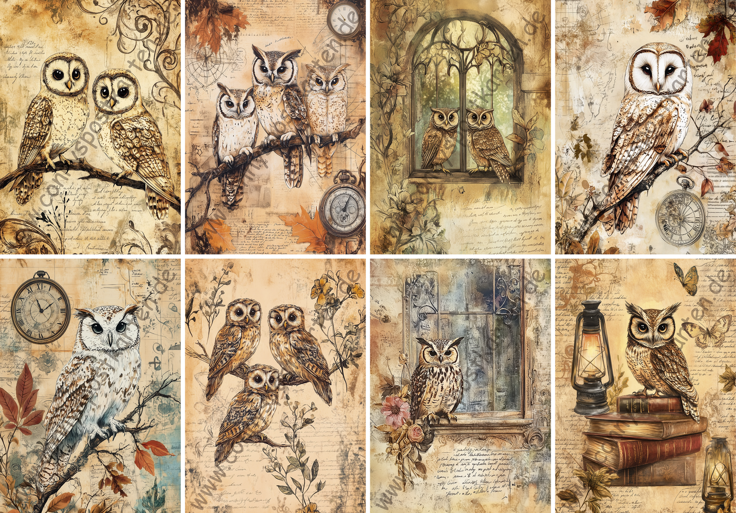 Tiere - Vintage Owls - Set mit 8 Karten